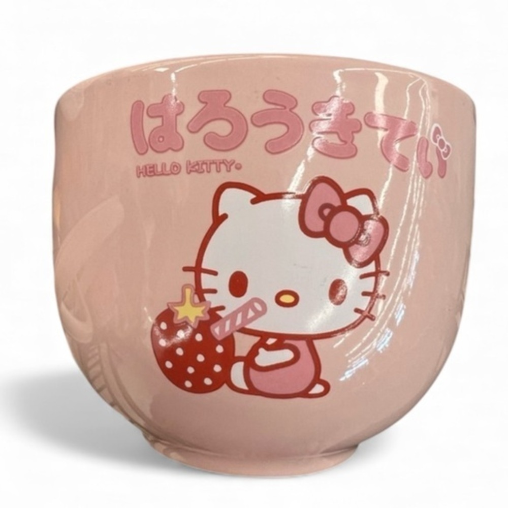 Hello Kitty Adorable Pink Red Strawberry Pottery Ramen Bowl::Notched Chopsticks